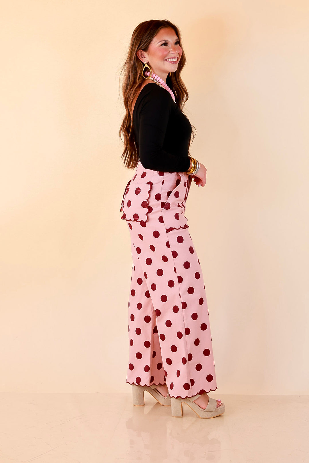 Polished Play Polka Dot Print Wide Leg Denim Pants with Scallop Detailing in Blush Pink and Maroon
