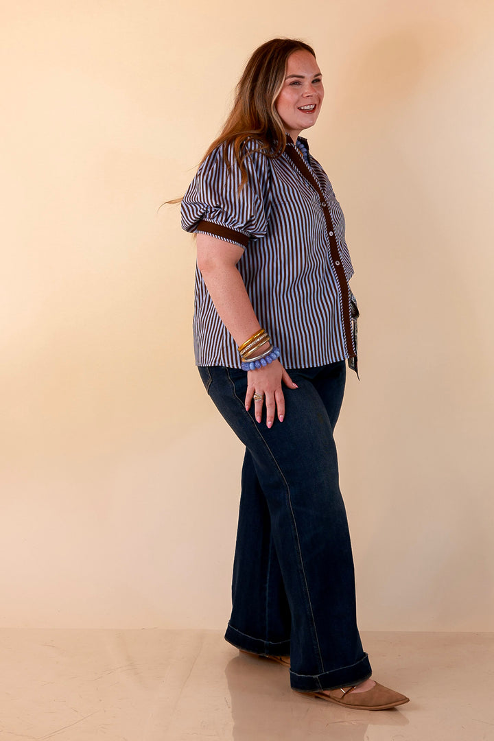 Pop of Polish Short Puff Sleeve Button Front Top with Contrast Trim in Blue and Brown