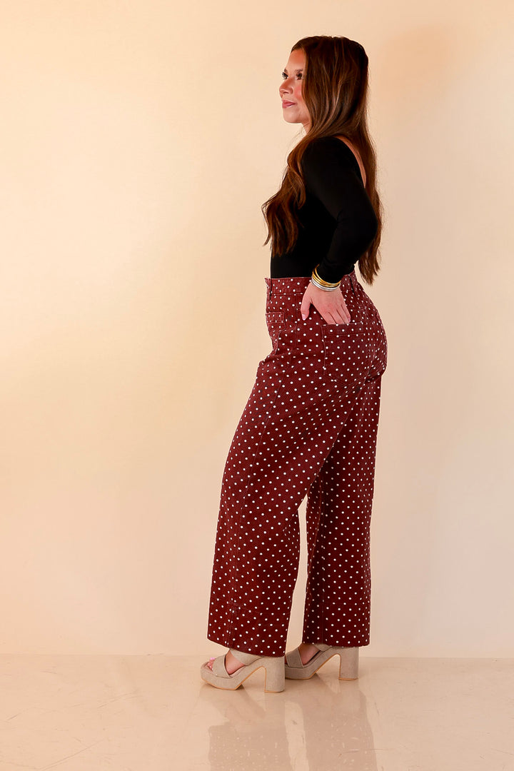 Rosy Outlook Polka Dot Print Wide Leg Denim Pants with Front Seam and Pockets in Maroon
