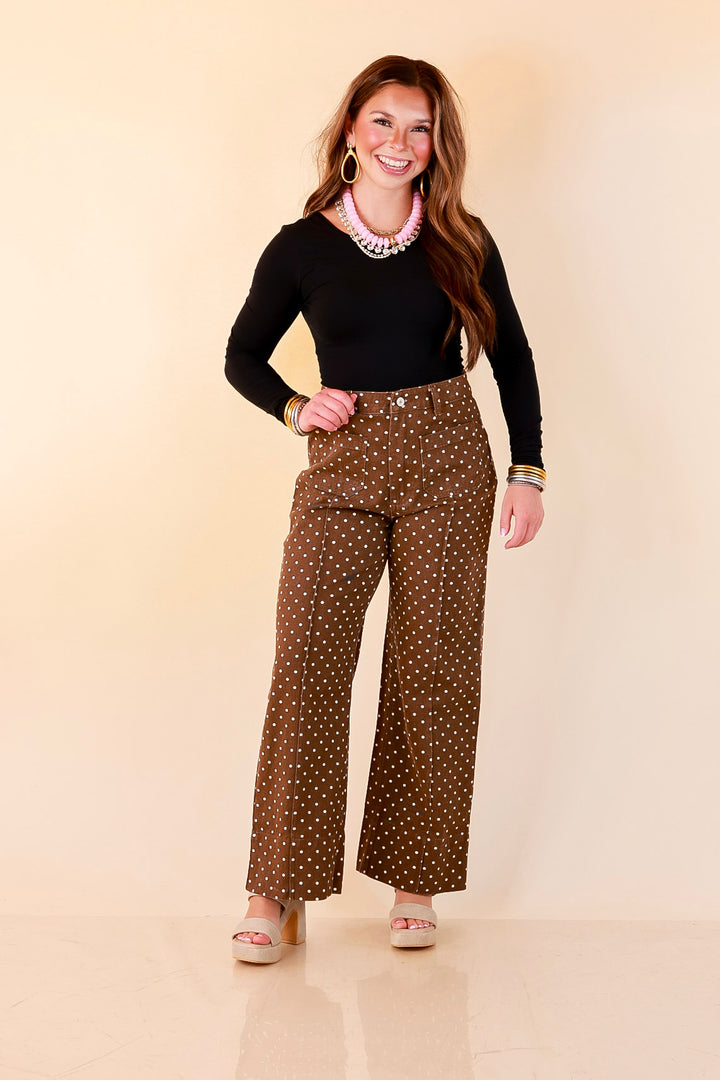 Rosy Outlook Polka Dot Print Wide Leg Denim Pants with Front Seam and Pockets in Chocolate Brown