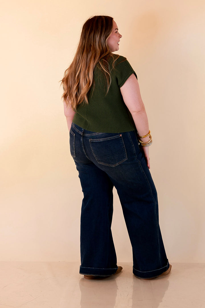 Repeat Worthy Cap Sleeve Cropped Sweater with Front Pocket in Olive Green