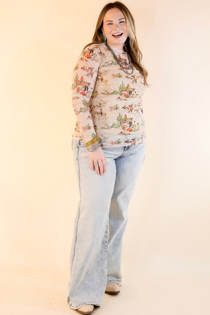 Western Dream Mesh Long Sleeve Top with Retro Western Print in Tan