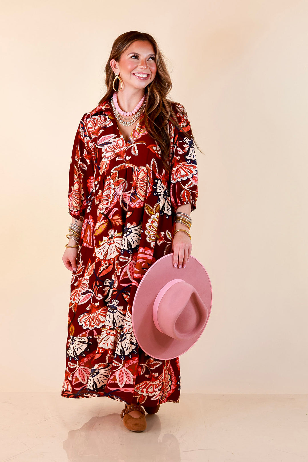 Season of Style Floral Print V Neck 3/4 Sleeve Collared Tiered Midi Dress in Maroon Multi
