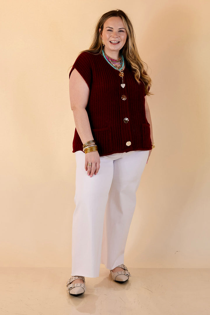 Always Effortless Oversized Button Down Large Knit Sweater Vest in Maroon