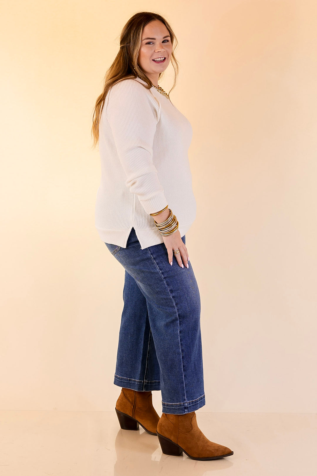 Essentially Chic Waffle Knit Long Sleeve Scoop Neck Top in Ivory