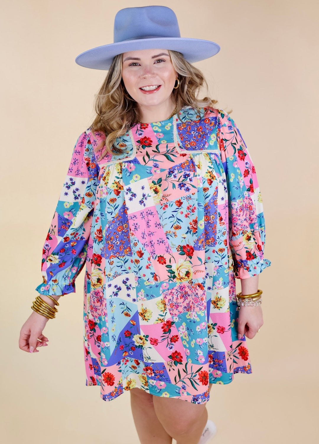 Floral Paradise Floral Patch Pattern Dress in Blue and Pink - Giddy Up Glamour Boutique