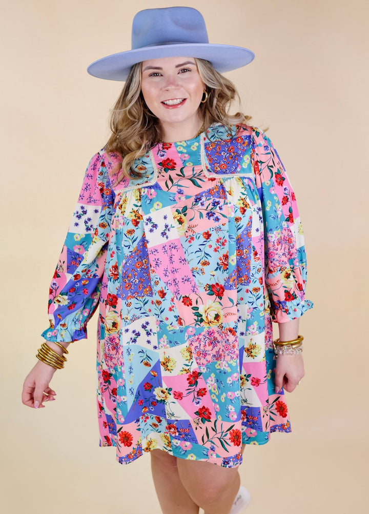 Floral Paradise Floral Patch Pattern Dress in Blue and Pink - Giddy Up Glamour Boutique