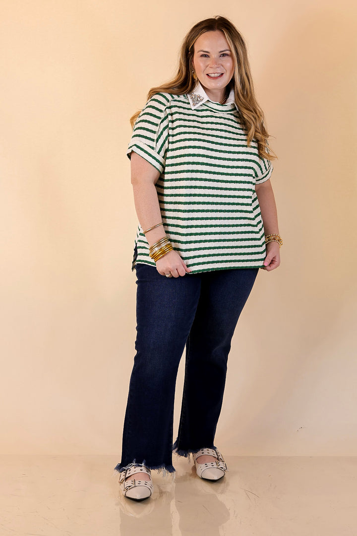 On The Daily Scoop Neck Short Sleeve Striped Textured Top in Kelly Green