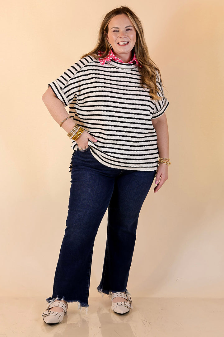 On The Daily Scoop Neck Short Sleeve Striped Textured Top in Black