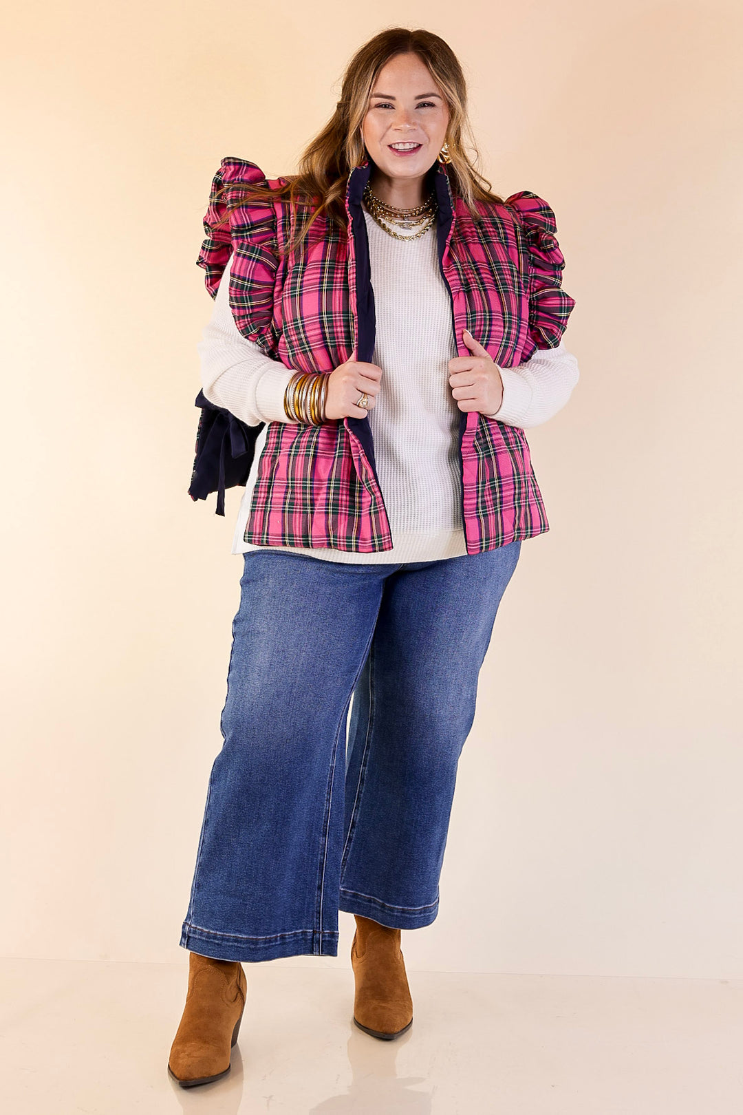 Mud Pie | Jefferies Quilted Plaid Reversible Vest with Ruffle Cap Sleeves and Bow Side Closure in Pink