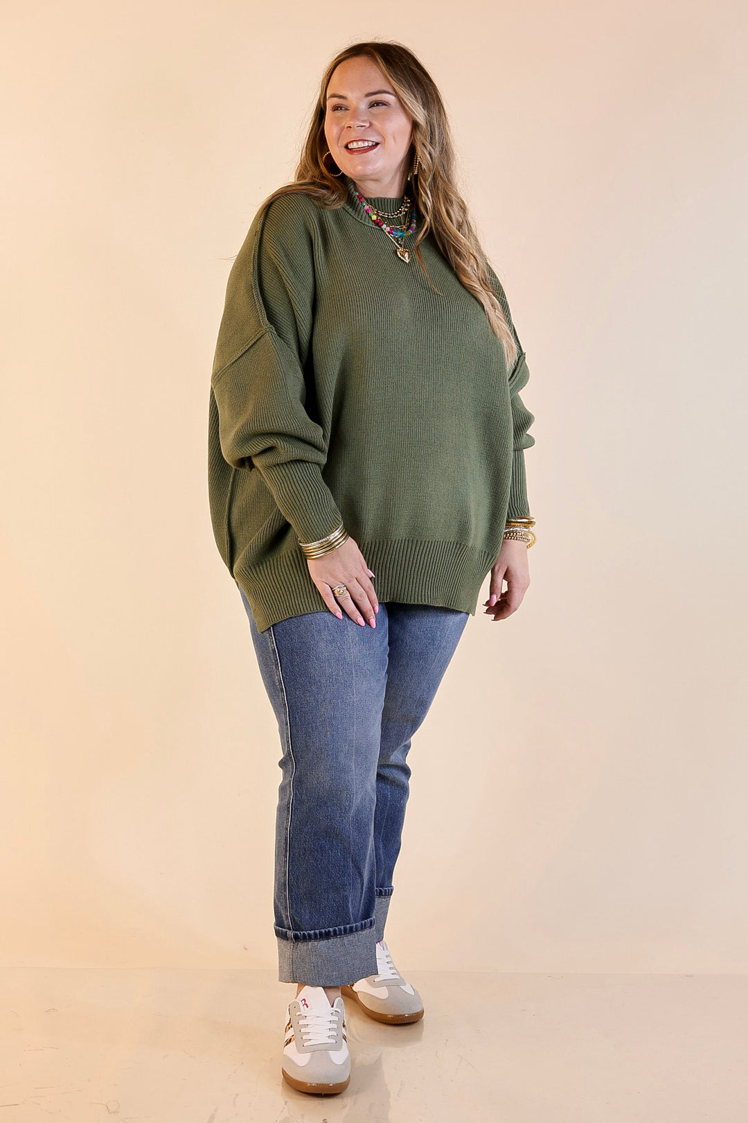 Snug and Stylish Mock Neck Sweater with Side Slit in Olive Green