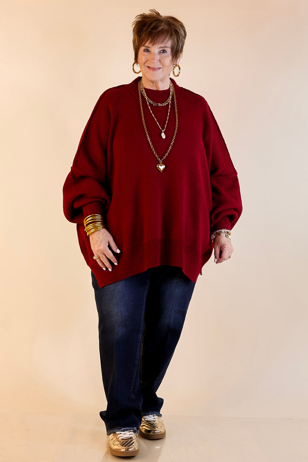 Snug and Stylish Mock Neck Sweater with Side Slit in Maroon