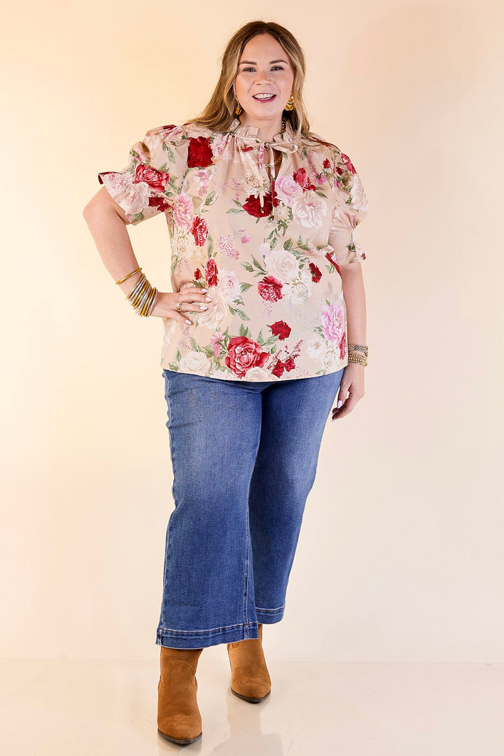 Freshly Picked Floral Print Top with Short Puff Sleeves in Beige