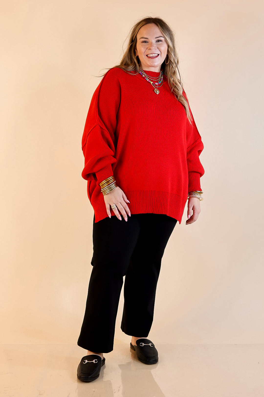 Snug and Stylish Mock Neck Sweater with Side Slit in Ruby Red