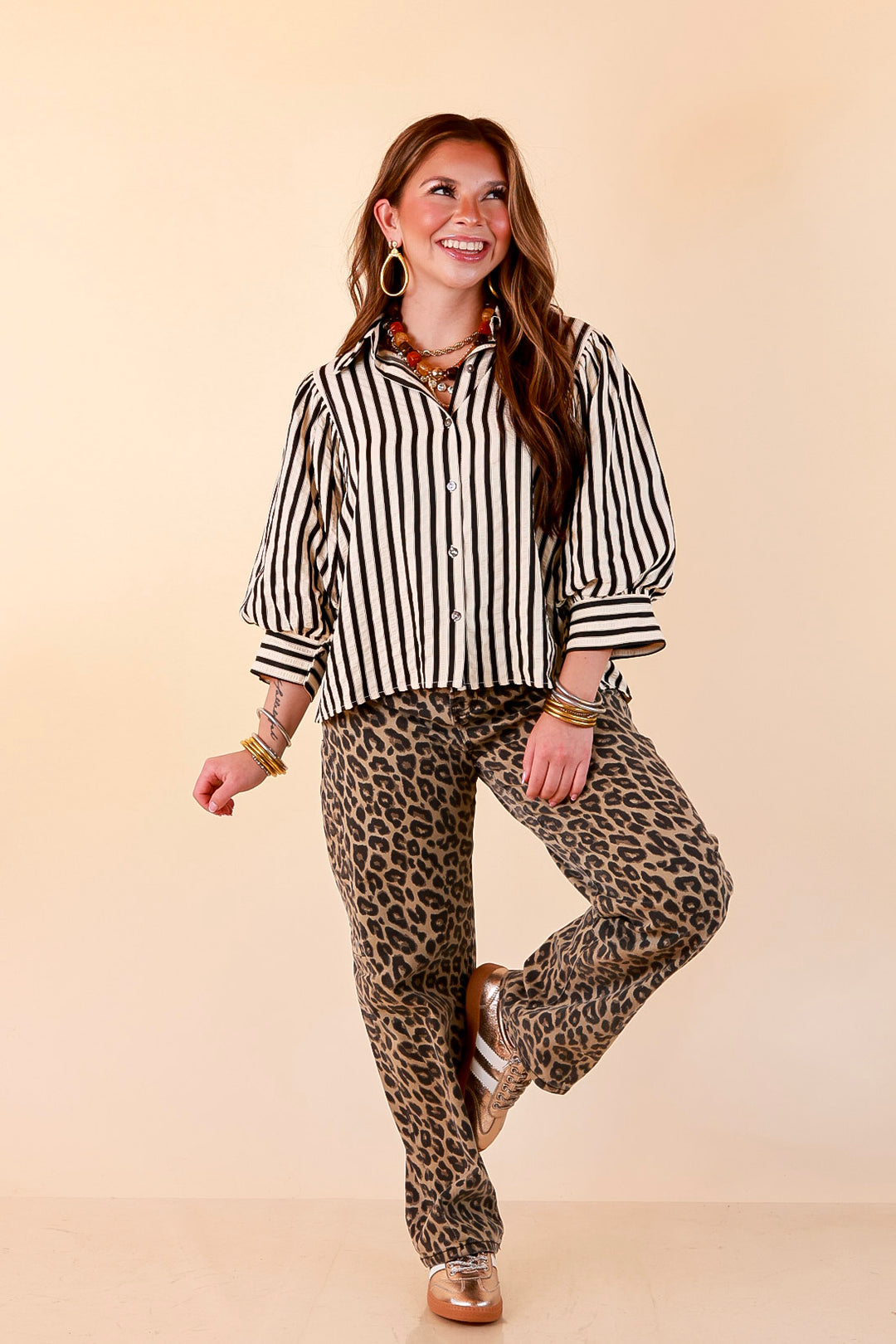 The Bold Type Striped 3/4 Sleeve Button-Up Top in Ivory with Black Stripes