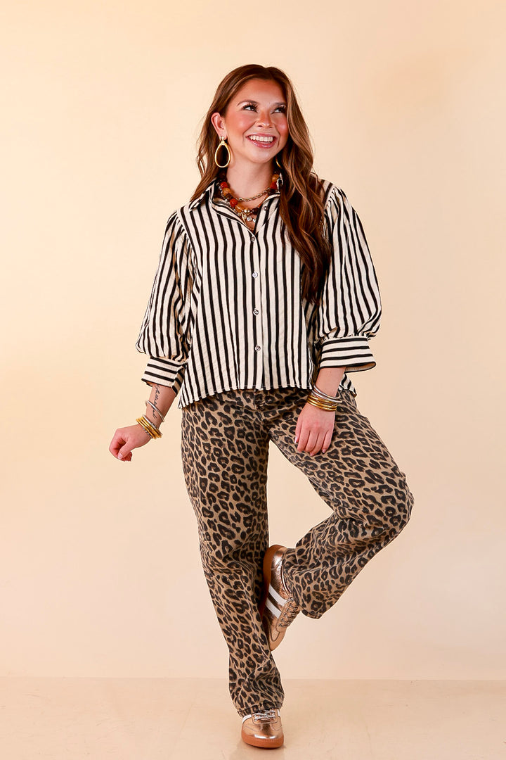 The Bold Type Striped 3/4 Sleeve Button-Up Top in Ivory with Black Stripes
