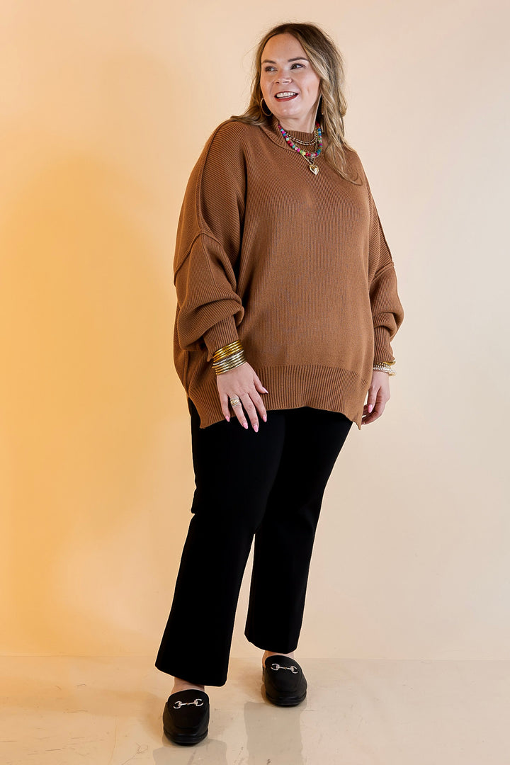Snug and Stylish Mock Neck Sweater with Side Slit in Camel Brown