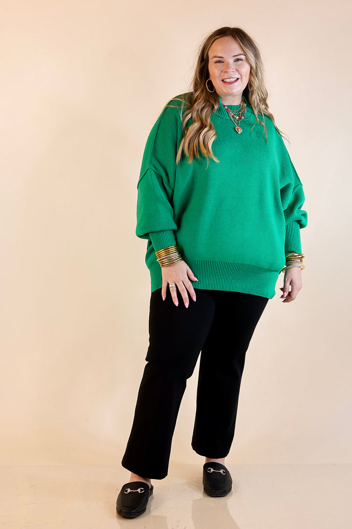 Snug and Stylish Mock Neck Sweater with Side Slit in Kelly Green