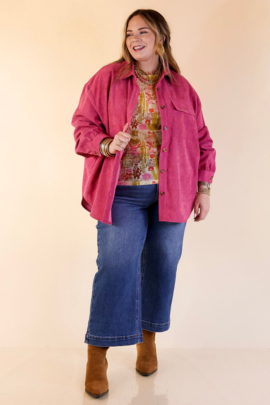 All Dolled Up Button Up Corduroy Shacket in Orchid Pink