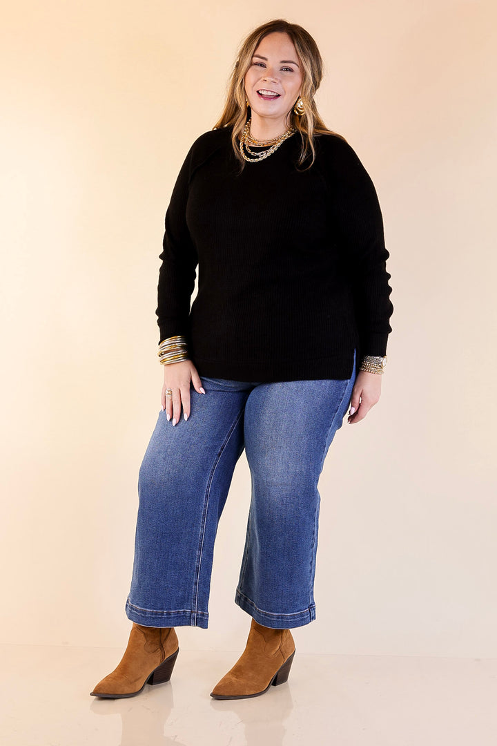 Essentially Chic Waffle Knit Long Sleeve Scoop Neck Top in Black