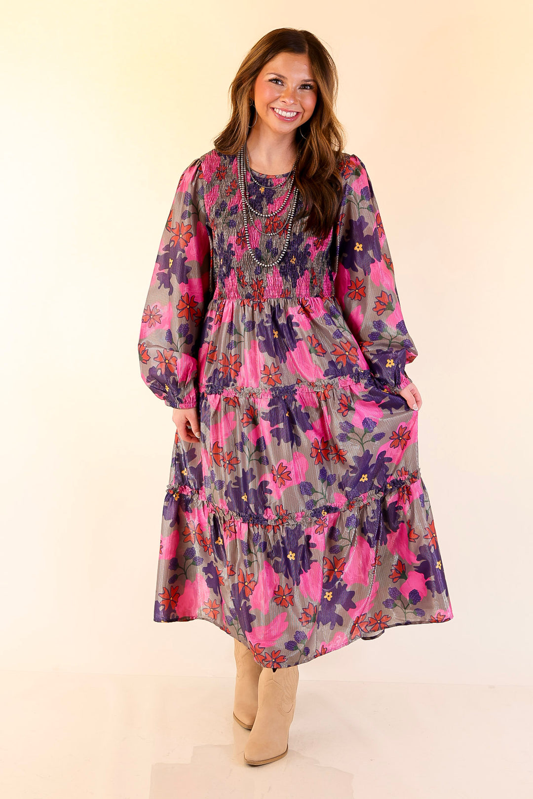 Mud Pie | Shaffer Smocked Bodice Long Sleeve Midi Dress with Tiered Skirt in Pink Mix