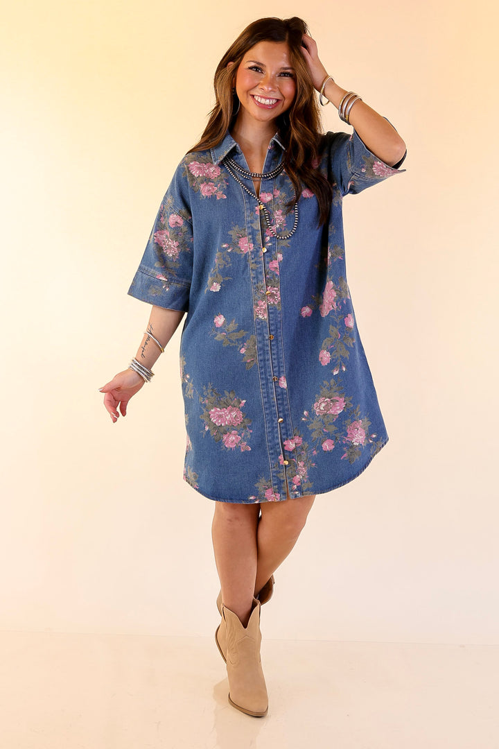 Flirting with Florals Floral Denim Shirt Dress with Gold Button Detail in Classic Blue Denim