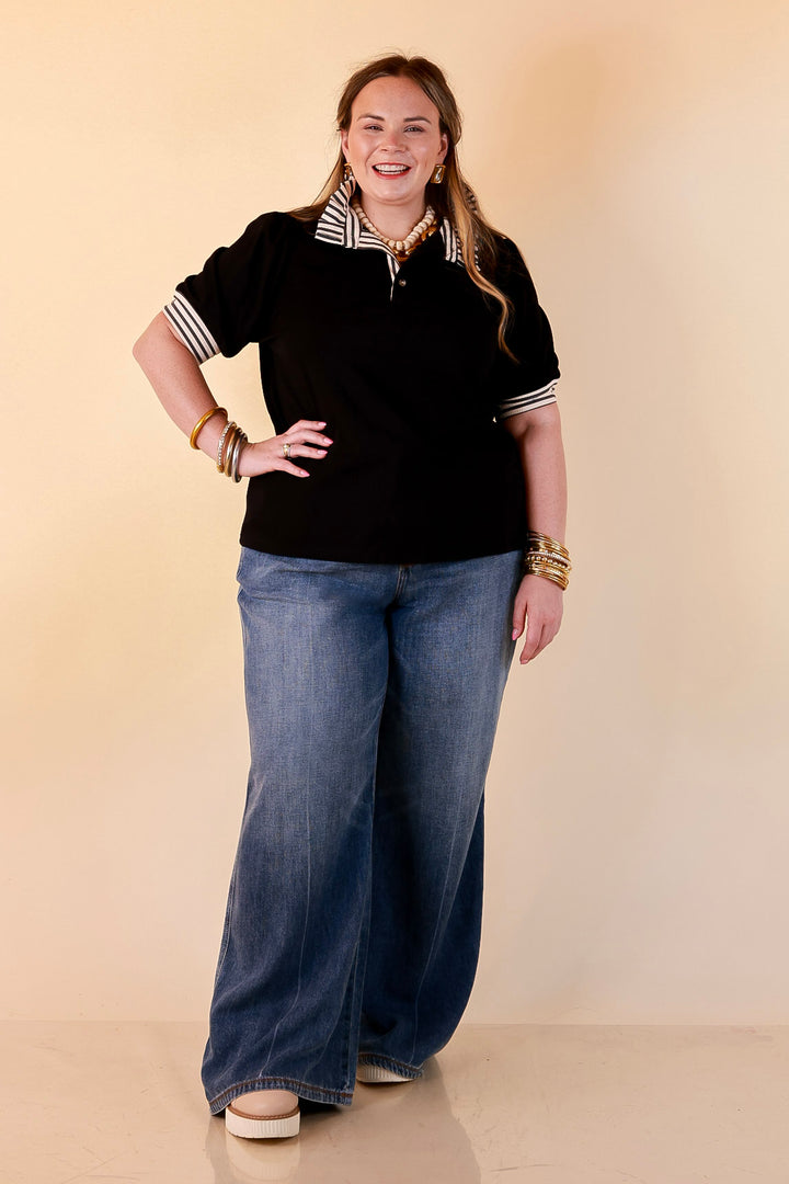 Refined Edge Short Puff Sleeve Top with Striped Collar in Black