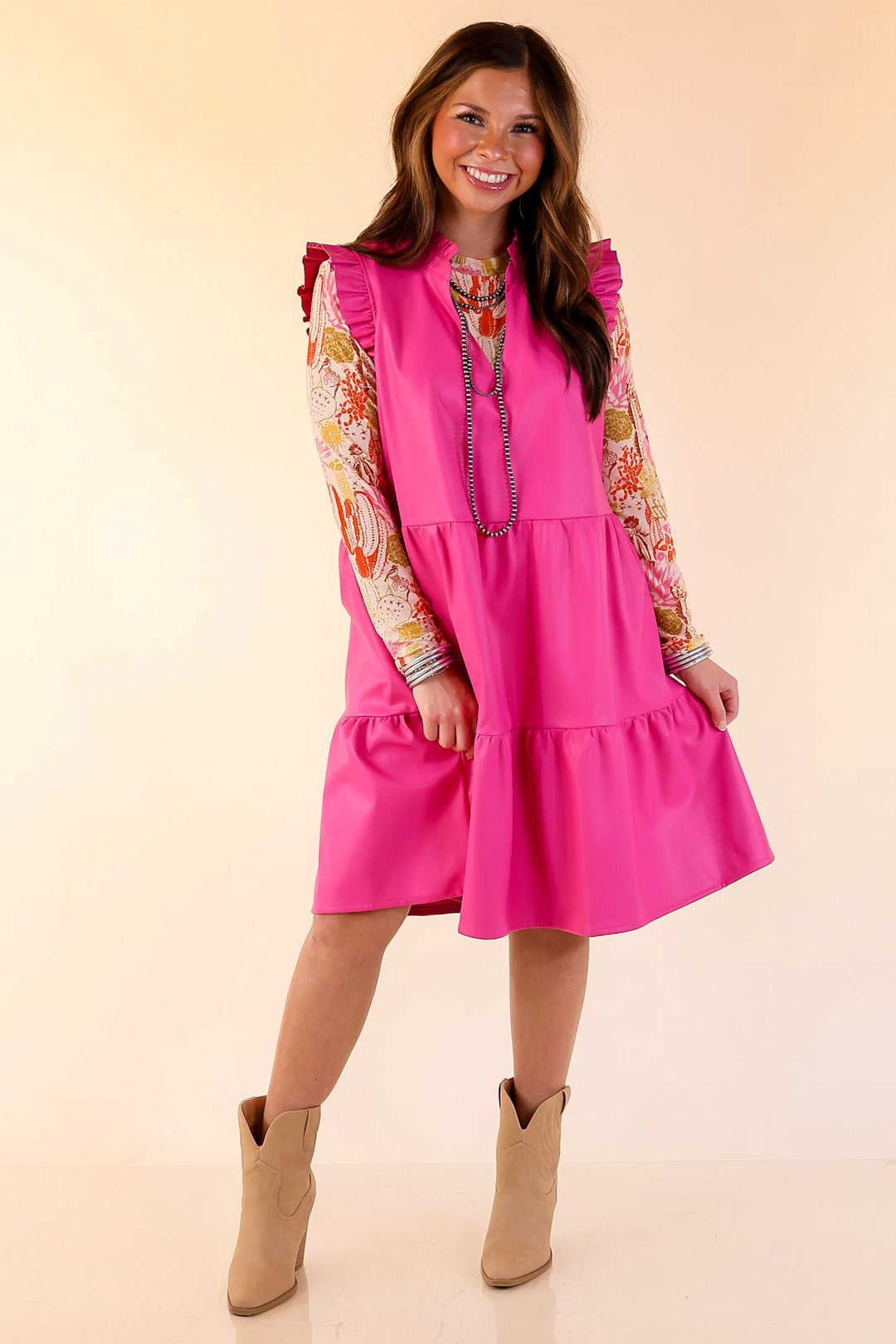 Mud Pie | Tabitha Ruffle Sleeve V-Neck Faux Leather Tiered Dress in Hot Pink