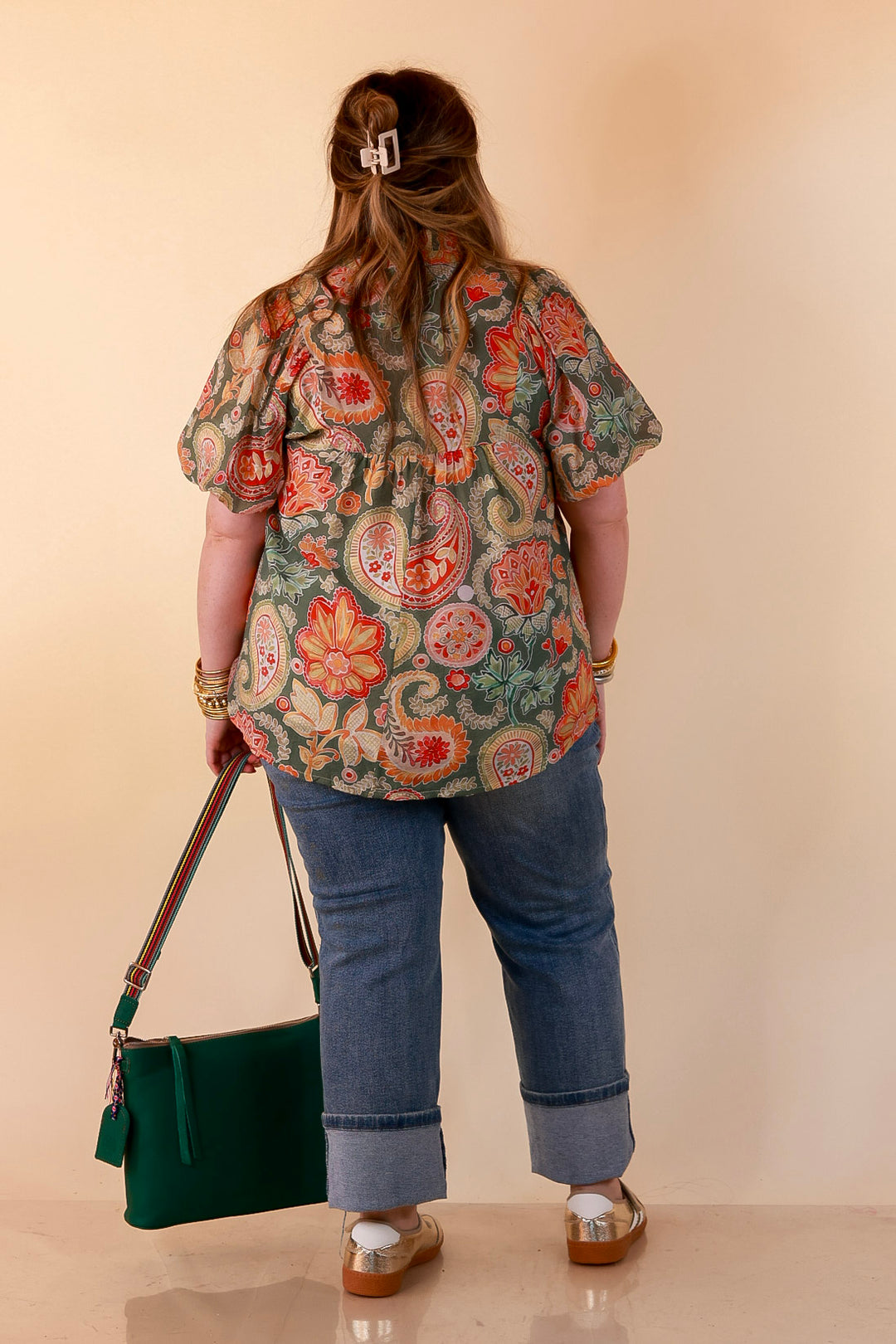 Blooming Days Ahead Paisley Print V Neck Blouse with Puff Sleeves, Ruffle Trim Collar and Lace Trim Yoke in Olive Green Mix