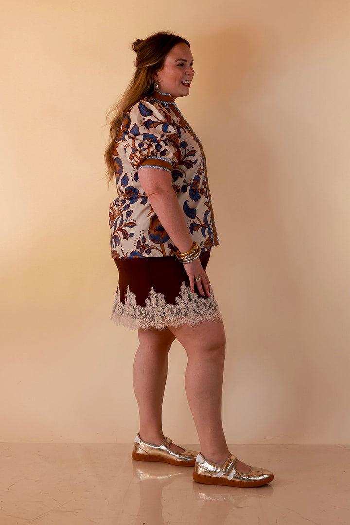Pop of Polish Short Puff Sleeve Button Front Floral Top with Contrast Trim in Cream, Blue and Camel Brown
