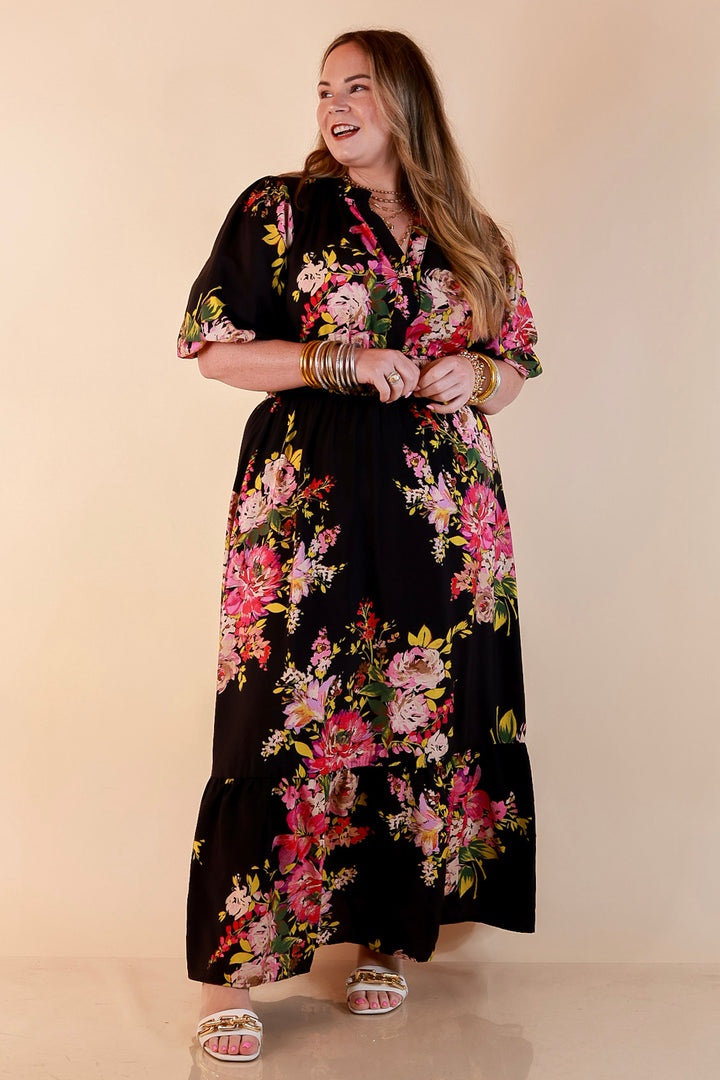 Reserved for Brunch Puff Sleeve Smocked Waist Floral Maxi Dress in Black Multi
