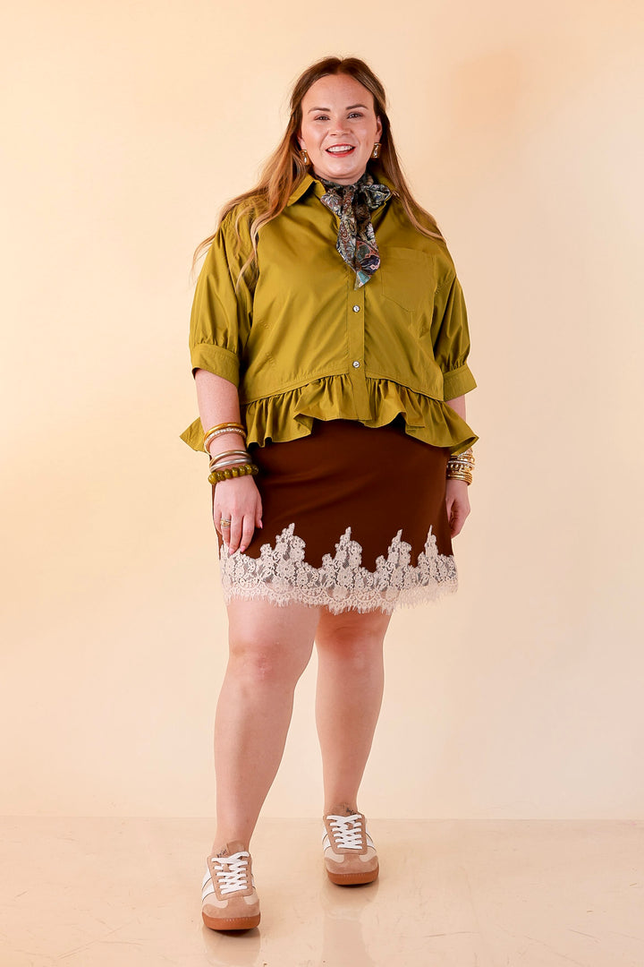 Style Agenda Solid Button Down Peplum Top in Chartreuse Olive Green