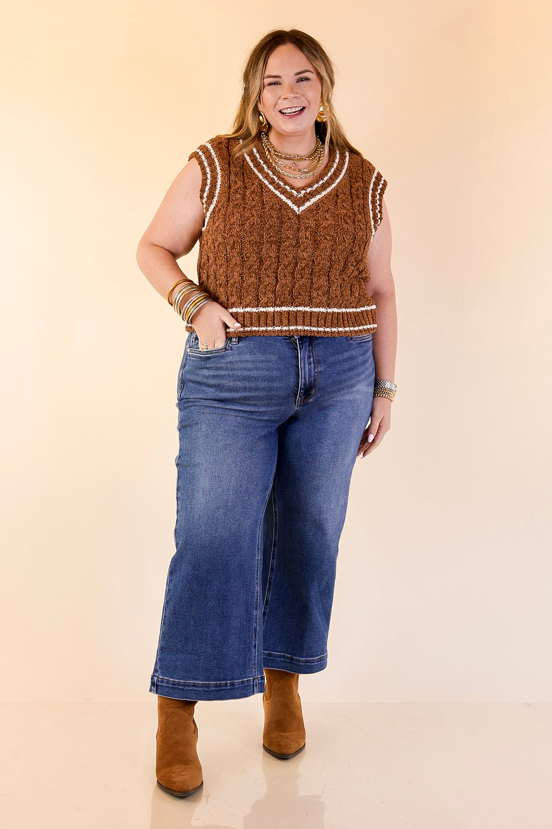 Simply Southern | Bliss Cable Knit Teddy Sweater Vest with V-Neckline and Contrast Trim in Umber Brown