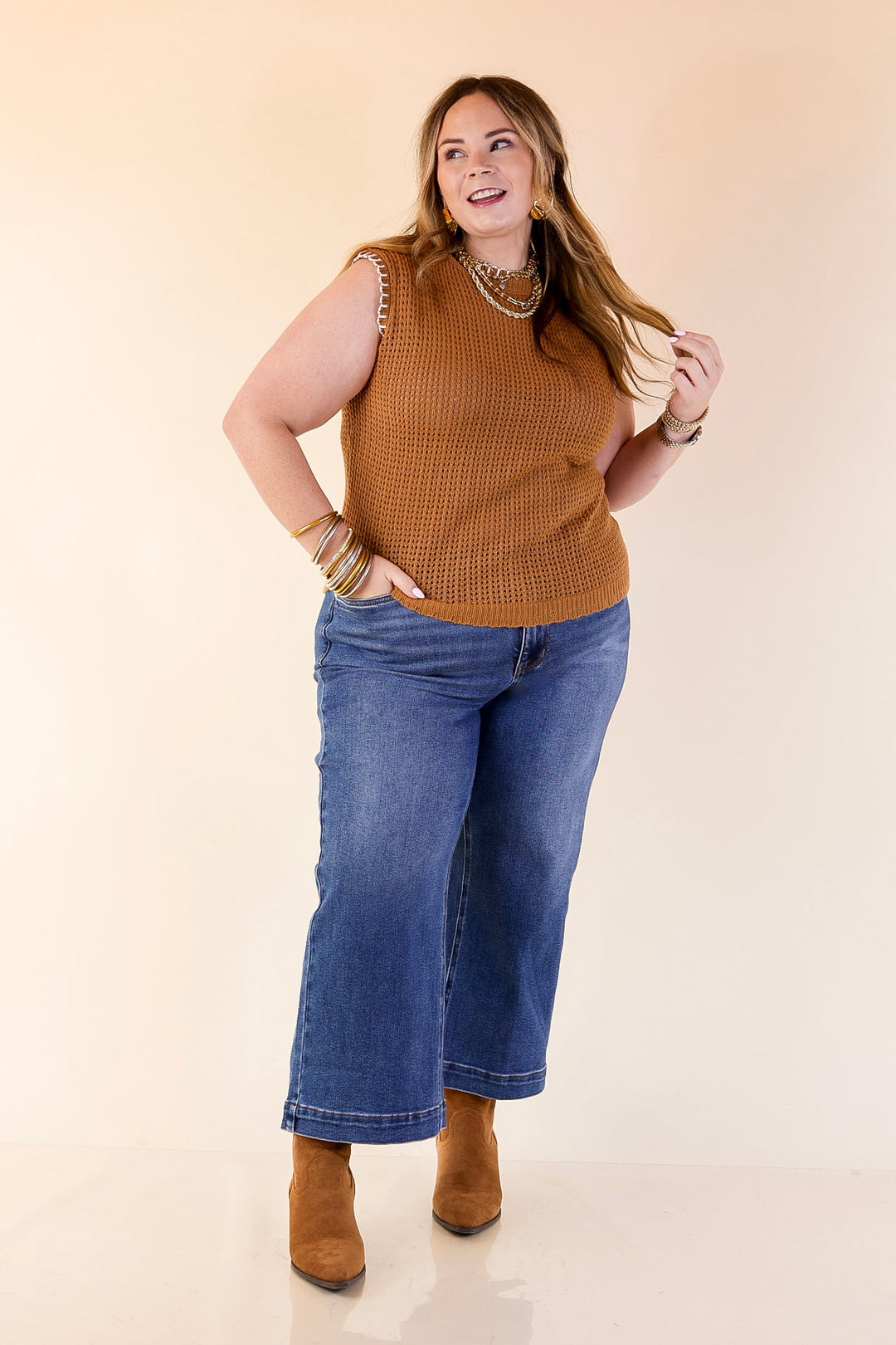 Simply Southern | Olivia Large Knit Sweater Vest with Contrast White Stitching in Tan Brown