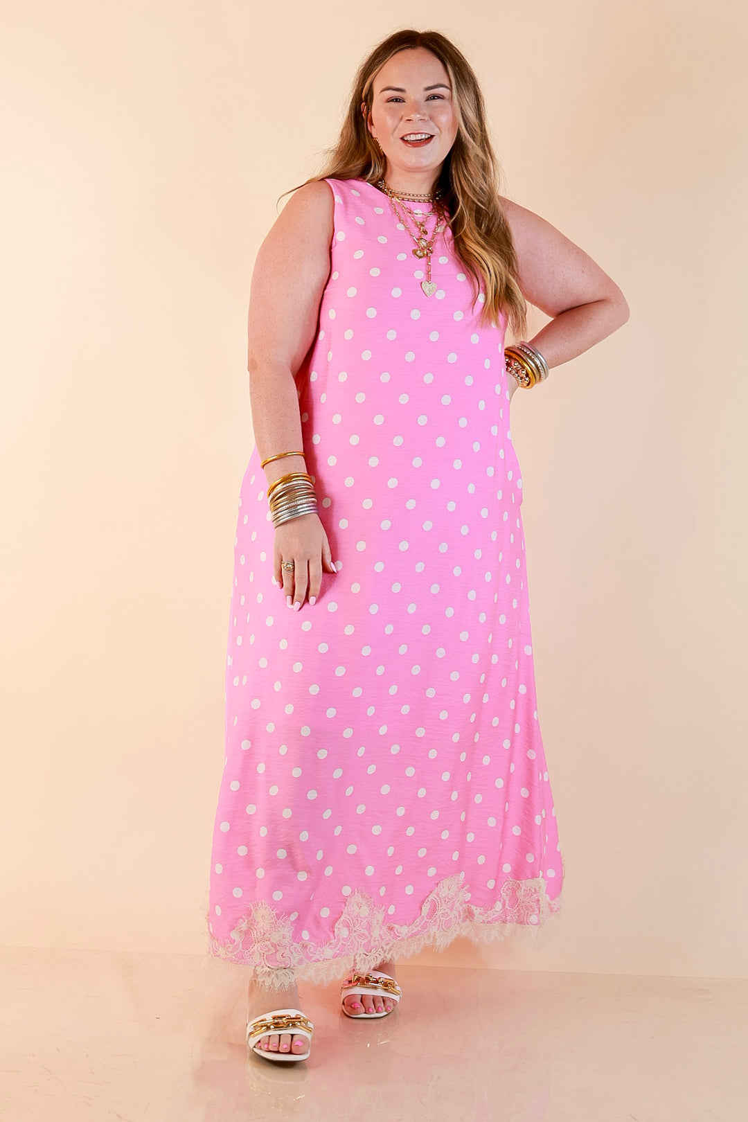 Sweet Little Something Polka Dot Sleeveless Maxi Dress with Lace Trim in Pink