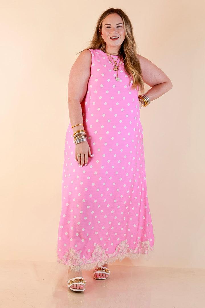 Sweet Little Something Polka Dot Sleeveless Maxi Dress with Lace Trim in Pink
