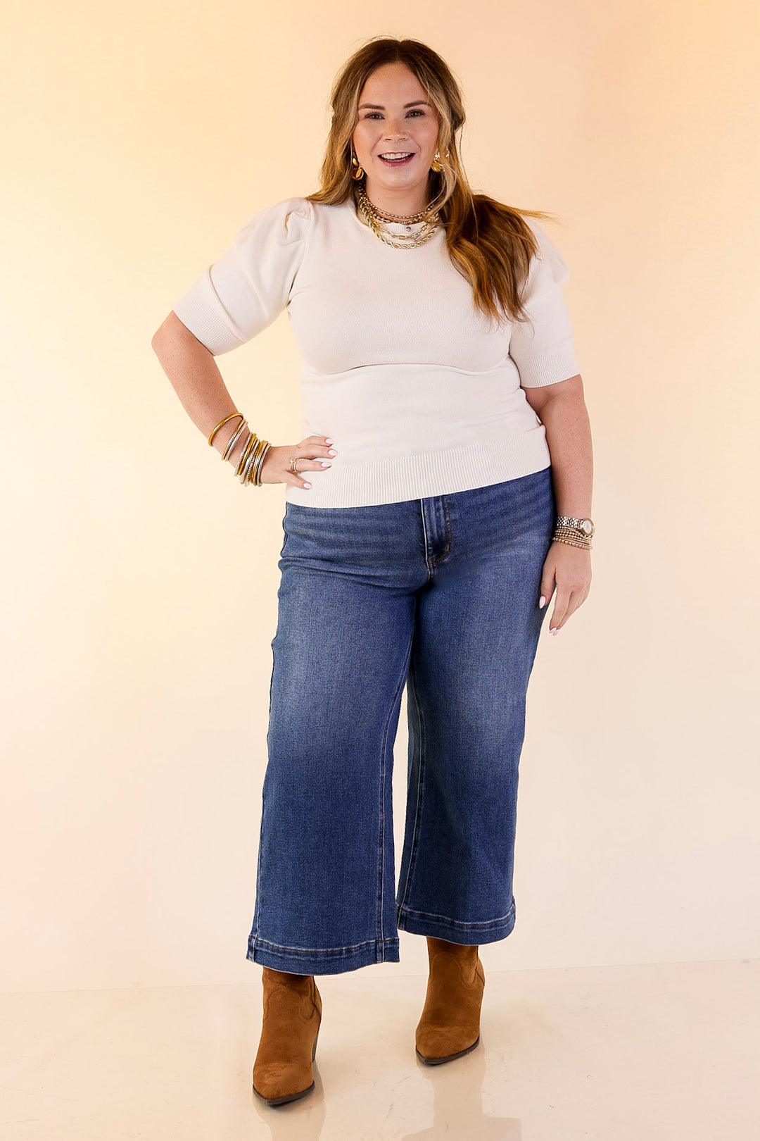 Sweet Sophistication Puff Short Sleeve Knit Sweater with Scoop Neck in Ivory