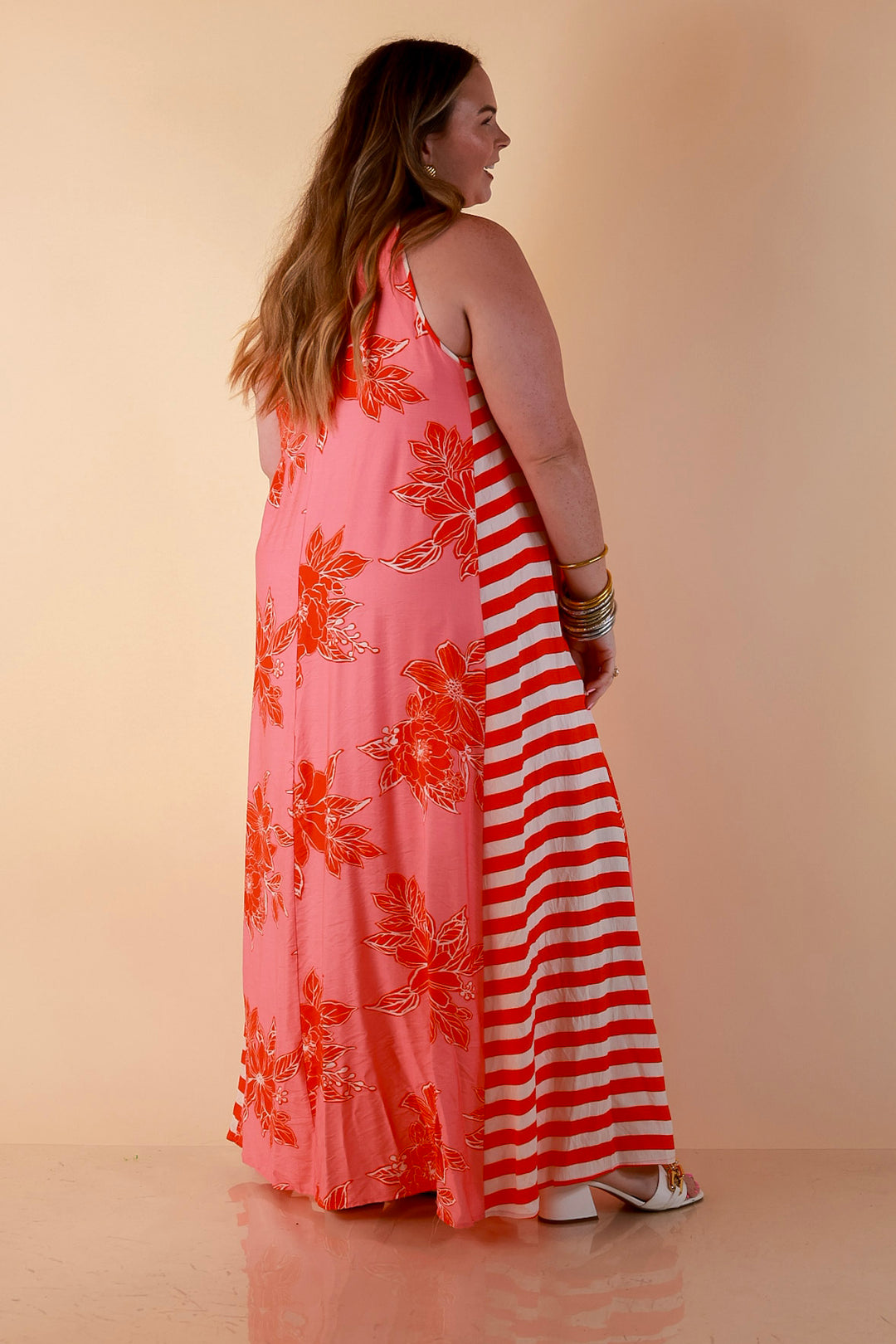 Meet Me in Palm Beach Floral Print Halter Maxi Dress with Adjustable Bow Tie Neck in Pink and Orange