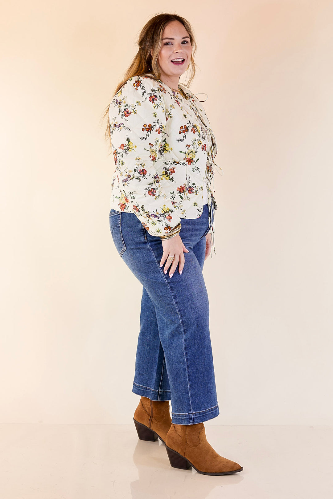 Chic in Bloom Quilted Floral Jacket with Front Ties in Ivory
