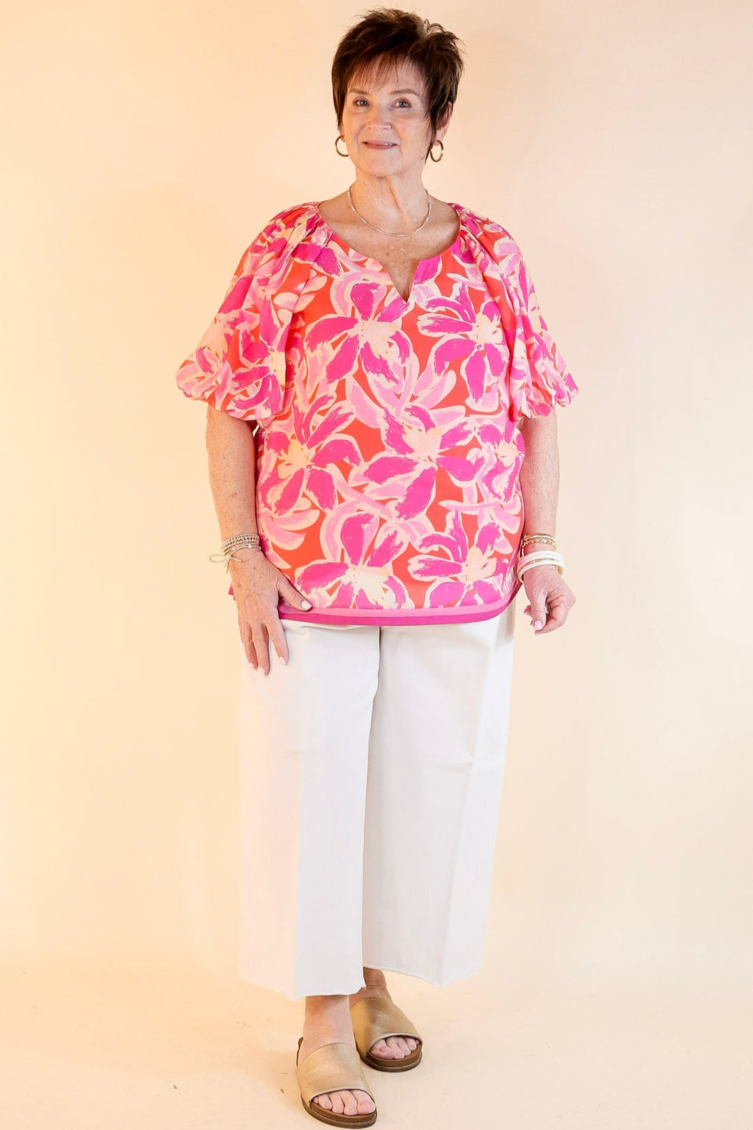 Paradise Petals Floral Print Top with Short Puff Sleeves and a Notched Neckline in Magenta Mix
