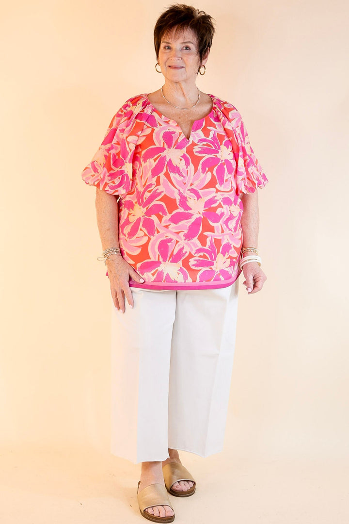 Paradise Petals Floral Print Top with Short Puff Sleeves and a Notched Neckline in Magenta Mix