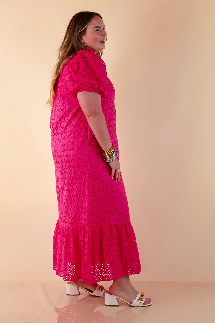 Meet Me at Sunset Eyelet Lace Puff Sleeve Tiered Maxi Dress in Hot Pink
