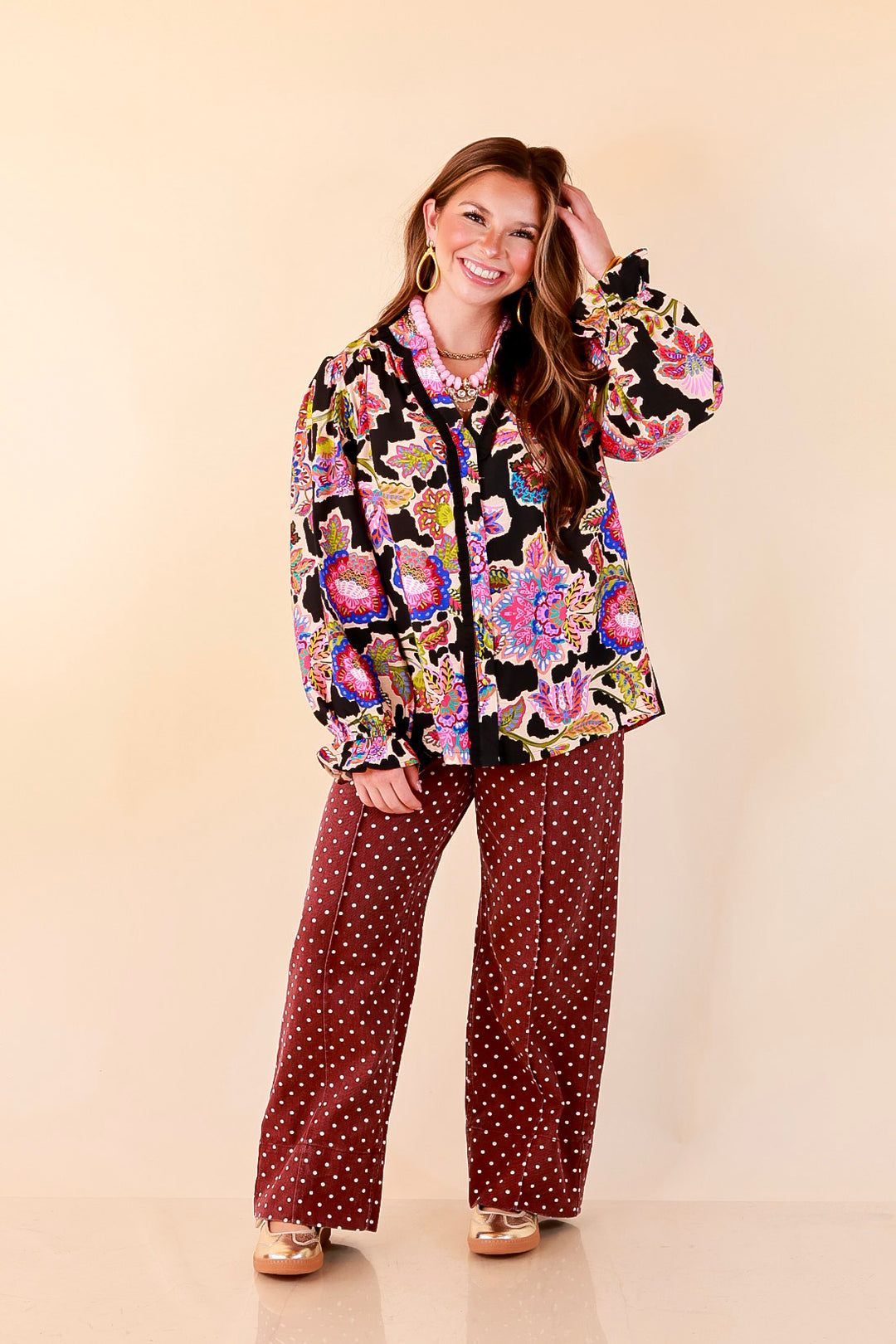 Petal Pop Floral Print Ruffle Front Button Up Long Sleeve Top with Balloon Sleeves in Black