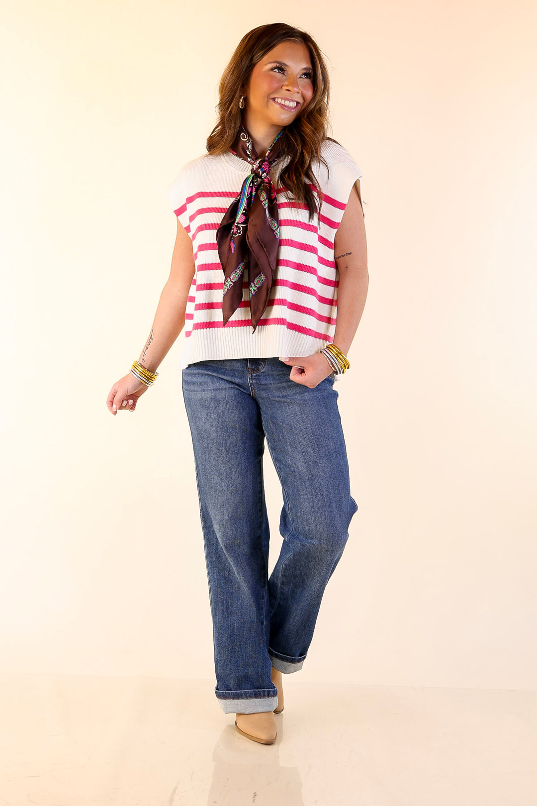 Stripe Things Up Drop Shoulder Knit Sweater in White with Hot Pink Stripes