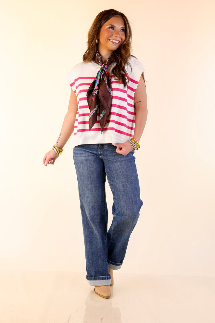 Stripe Things Up Drop Shoulder Knit Sweater in White with Hot Pink Stripes