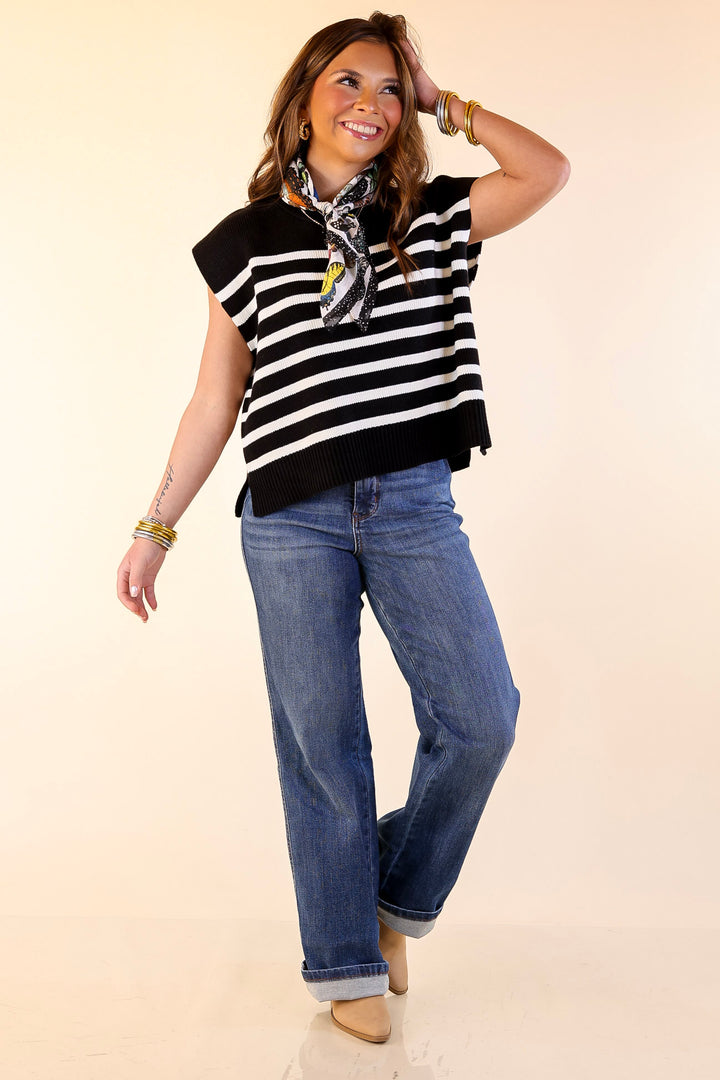 Stripe Things Up Drop Shoulder Knit Sweater in Black with Ivory Stripes