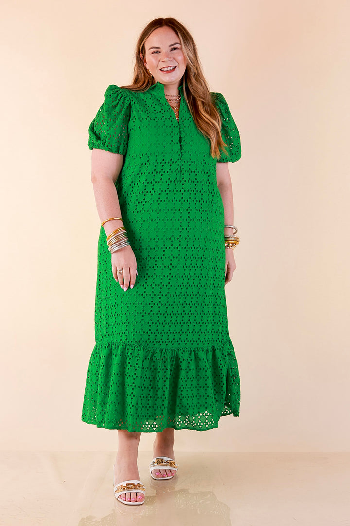 Meet Me at Sunset Eyelet Lace Puff Sleeve Tiered Maxi Dress in Kelly Green