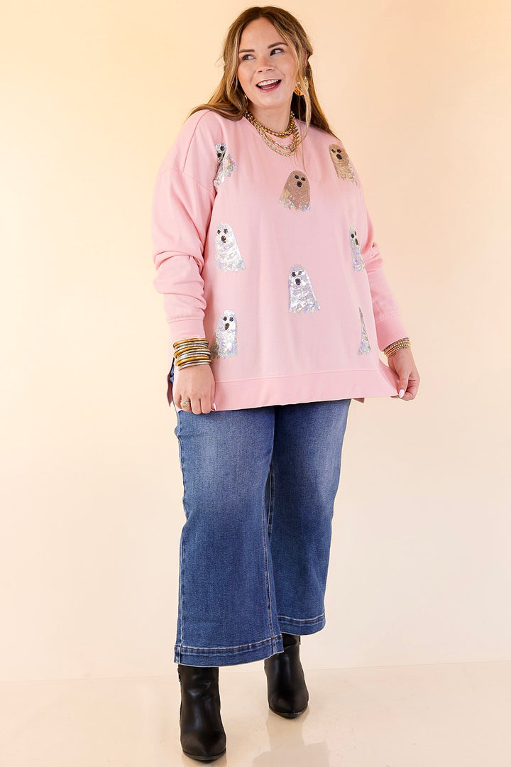 Mud Pie | Too Cute to Spook Crew Neck Sweatshirt with Side Slits and Sequin Ghosts in Pink