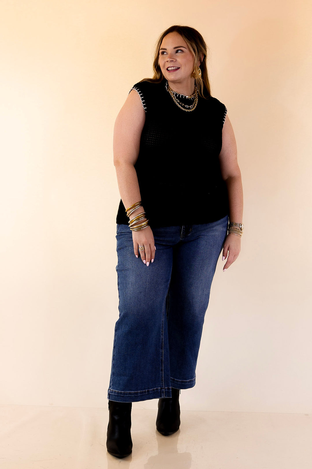 Simply Southern | Olivia Large Knit Sweater Vest with Contrast White Stitching in Black