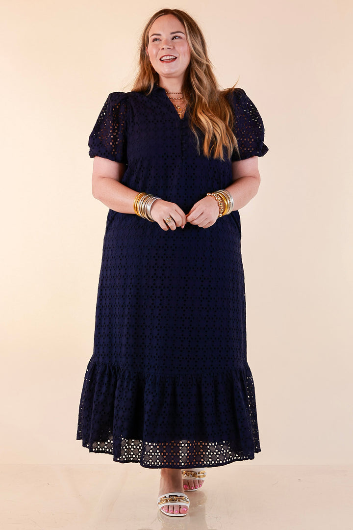 Meet Me at Sunset Eyelet Lace Puff Sleeve Tiered Maxi Dress in Navy Blue